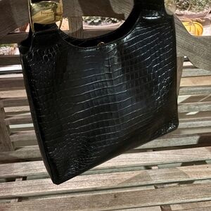 Salvatore Ferragamo Black Crocodile-Embossed Shoulder Bag